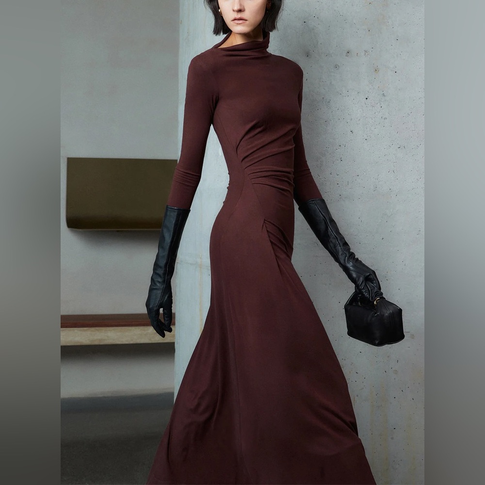 Commense Bodycon Asymmetrical Neck Long Sleeve Ruched Maxi Dress - size small